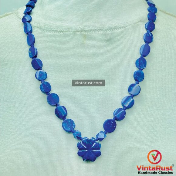 Lapis Lazuli Necklace, Handmade Beaded Pendant Necklace, Natural Blue Gemstone - Picture 5 of 10